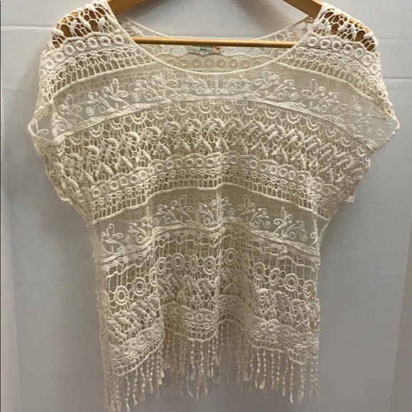 Cream Crochet Open Knit Sheer Blouse - Picture 3 of 14